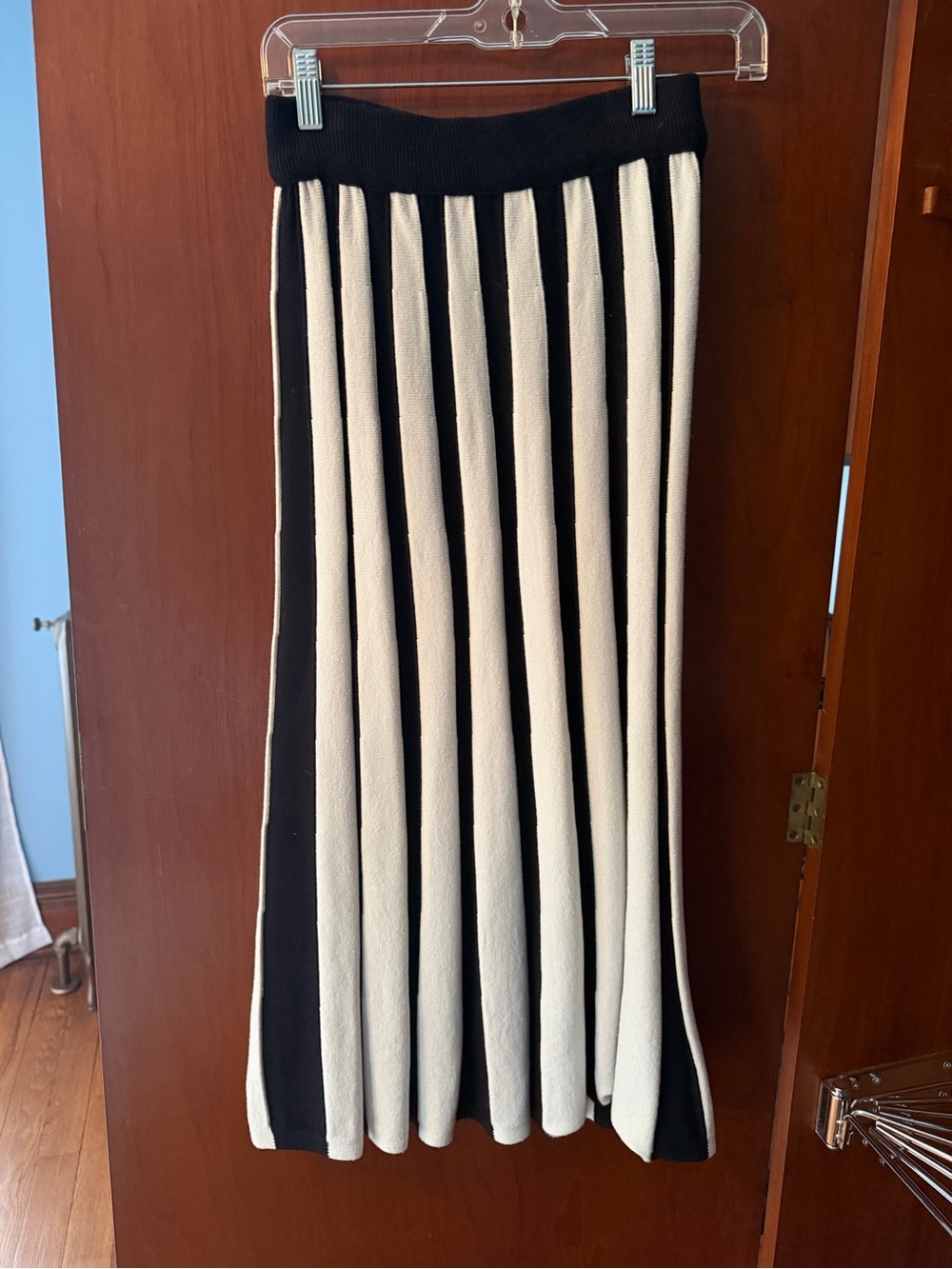 Commense Black and White Vertical Stripe Midi Skirt